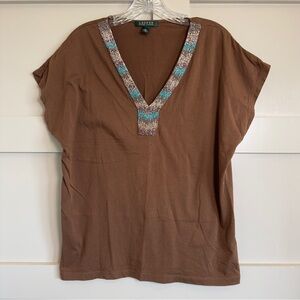 Lauren Ralph Lauren Beaded Blouse Brown V-Neck Women’s Sz Large Western Cowgirl